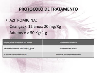 PROTOCOLO DE TRATAMENTO
• AZITROMICINA:
Crianças < 12 anos: 20 mg/Kg
Adultos e > 50 Kg: 1 g
 