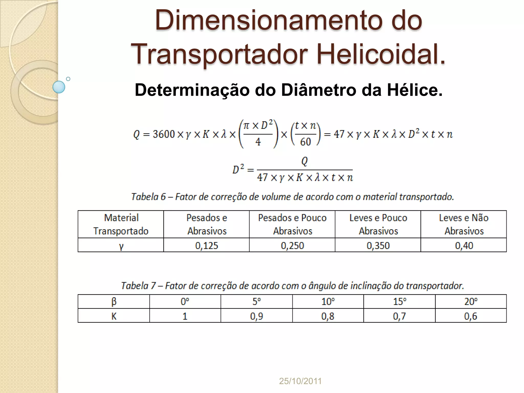 Dimensionamento do
Transportador Helicoidal.
Determinação do Diâmetro da Hélice.




                25/10/2011
 