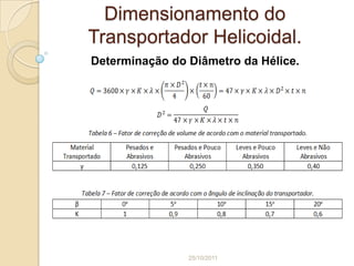 Dimensionamento do
Transportador Helicoidal.
Determinação do Diâmetro da Hélice.




                25/10/2011
 