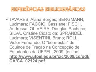 TAVARES, Alana Borges; BERGMANN,
Lucimara; FÁCCIO, Cassiane; FISCH,
Andressa; OLIVEIRA, Douglas Pacheco;
SILVA, Cristine Cioato da; SPRANDEL,
Lucimara; VISENTINI, Bruno; ROLL,
Victor Fernando, O “bem-estar” de
Equinos de Tração na Concepção de
Estudantes da UFPEL, 2009; [online]
http://www.ufpel.edu.br/cic/2009/cd/pdf/
CA/CA_02124.pdf
 
