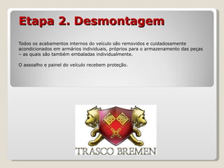 Etapa 2. Desmontagem Todos os acabamentos internos do veículo são removidos e cuidadosamente acondicionados em armários individuais, próprios para o armazenamento das peças – as quais são também embaladas individualmente. O assoalho e painel do veículo recebem proteção. 