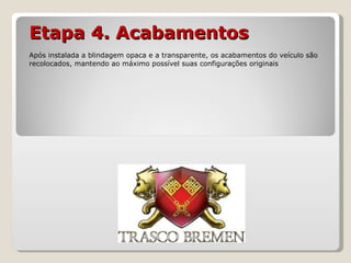 Etapa 4. Acabamentos Após instalada a blindagem opaca e a transparente, os acabamentos do veículo são recolocados, mantendo ao máximo possível suas configurações originais 