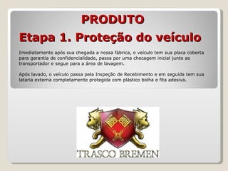 Etapa 1. Proteção do veículo   Imediatamente após sua chegada a nossa fábrica, o veículo tem sua placa coberta para garantia de confidencialidade, passa por uma checagem inicial junto ao transportador e segue para a área de lavagem. Após lavado, o veículo passa pela Inspeção de Recebimento e em seguida tem sua lataria externa completamente protegida com plástico bolha e fita adesiva. PRODUTO 