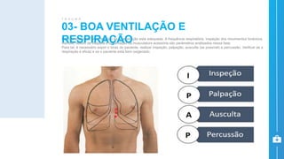 No B, o socorrista deve analisar se a respiração está adequada. A frequência respiratória, inspeção dos movimentos torácicos,
cianose, desvio de traqueia e observação da musculatura acessória são parâmetros analisados nessa fase.
Para tal, é necessário expor o tórax do paciente, realizar inspeção, palpação, ausculta (se possível) e percussão. Verificar se a
respiração é eficaz e se o paciente está bem oxigenado.
03- BOA VENTILAÇÃO E
RESPIRAÇÃO
T R A U M A
 