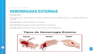 HEMORRAGIAS EXTERNAS
P R I M E I R O S S O C O R R O S
Hemorragia externa
A hemorragia externa é visível, facilitando sua avaliação e tratamento. Dentro da hemorragia e externa há a classificação anatômica das
hemorragias:
Hemorragia capilar: o sangue sai lentamente dos vasos menores.
Hemorragia arterial: hemorragia que faz jorrar sangue pulsátil e de cor vermelho vivo.
Hemorragia venosa: hemorragia onde o sangue sai lento e contínuo, com cor vermelha escuro.
20
 