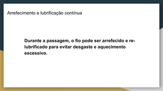 Arrefecimento e lubrificação contínua
● Durante a passagem, o fio pode ser arrefecido e re-
lubrificado para evitar desgaste e aquecimento
excessivo.
 