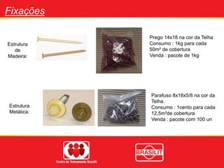 Fixações
Prego 14x18 na cor da Telha
Consumo : 1kg para cada
50m² de cobertura
Venda : pacote de 1kg
Estrutura
de
Madeira:
Estrutura
Metálica:
Parafuso 8x18x5/8 na cor da
Telha.
Consumo : 1cento para cada
12,5m²de cobertura
Venda : pacote com 100 un
 