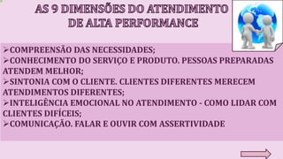 COMPREENSÃO DAS NECESSIDADES;
CONHECIMENTO DO SERVIÇO E PRODUTO. PESSOAS PREPARADAS
ATENDEM MELHOR;
SINTONIA COM O CLIENTE. CLIENTES DIFERENTES MERECEM
ATENDIMENTOS DIFERENTES;
INTELIGÊNCIA EMOCIONAL NO ATENDIMENTO - COMO LIDAR COM
CLIENTES DIFÍCEIS;
COMUNICAÇÃO. FALAR E OUVIR COM ASSERTIVIDADE
 