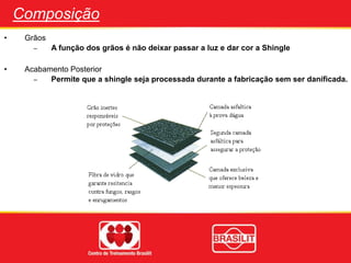 Composição
• Grãos
– A função dos grãos é não deixar passar a luz e dar cor a Shingle
• Acabamento Posterior
– Permite que a shingle seja processada durante a fabricação sem ser danificada.
 