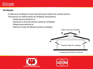 Shingle
Ventilação:
O sistema de ventilação é muito importante para melhoria do conforto térmico.
Para termos um sistema eficaz de ventilação necessitamos:
- Sistema para entrada de ar :
- Aberturas no forro dos beirais ( grade de ventilação)
- Sistema para saída de ar :
- Abertura no topo do telhado (cumeeira ventilada)
 
