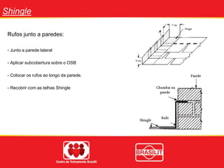 Shingle
Rufos junto a paredes:
- Junto a parede lateral
- Aplicar subcobertura sobre o OSB
- Colocar os rufos ao longo da parede.
- Recobrir com as telhas Shingle
 