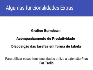 Algumas funcionalidades Extras
Gráfico Burndown
Acompanhamento de Produtividade
Disposição das tarefas em forma de tabela
Para utilizar essas funcionalidades utilize a extensão Plus
For Trello
 