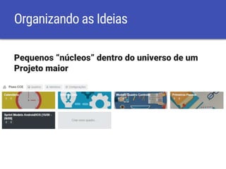 Organizando as Ideias
Pequenos “núcleos” dentro do universo de um
Projeto maior
 
