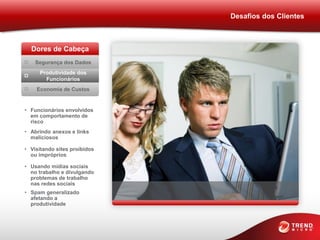 Desafios dos Clientes



  Dores de Cabeça
    Segurança dos Dados
     Produtividade dos
       Funcionários
    Economia de Custos


• Funcionários envolvidos
  em comportamento de
  risco
• Abrindo anexos e links
  maliciosos

• Visitando sites proibidos
  ou impróprios

• Usando mídias sociais
  no trabalho e divulgando
  problemas de trabalho
  nas redes sociais
• Spam generalizado
  afetando a
  produtividade
 
