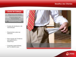 Desafios dos Clientes



  Dores de Cabeça
    Segurança dos Dados
     Produtividade dos
       Funcionários
    Economia de Custos


• Custos de hardware e de
  manutenção


• Orçamentos cada vez
  menores



• Sem equipe de TI interna
  para gerenciar a
  segurança


• Contratar especialistas
  de TI é difícil e caro
 
