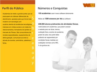 S
o
b
r
e
a
B
o
d
y
Perﬁl	
  do	
  Público Números	
  e	
  Conquistas
Academias de médio a grande portes que se
preocupam em oferecer diferenciais de
atendimento, apoiados pelo que há de mais
moderno em tecnologia com
usuários atentos às tendências tecnológicas,
interesse em mídias sociais e em redes de
relacionamentos, formadores de opinião no
mercado de Fitness. São consumidores de
revistas especializadas, equipamentos de
última geração, comunicam-se entre si
através de eventos, seminários, palestras e
feiras.
155 academias usam nosso software diariamente
Média de 1200 acessos por dia ao software
248.000 alunos praticantes de atividades físicas,
matriculados em academias, que podem acessar
o website para ver dicas, treinos,
avaliação física, eventos da academia,
grade de aulas, boa parte deles
podendo ser segmentado por
condições físicas medidas em
avaliações normais como IMC,
% de gordura etc.
 