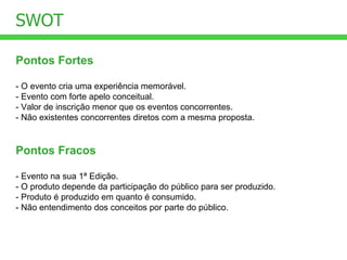Pontos Fortes - O evento cria uma experiência memorável. - Evento com forte apelo conceitual. - Valor de inscrição menor que os eventos concorrentes. - Não existentes concorrentes diretos com a mesma proposta. SWOT Pontos Fracos - Evento na sua 1ª Edição. - O produto depende da participação do público para ser produzido. - Produto é produzido em quanto é consumido. - Não entendimento dos conceitos por parte do público. 
