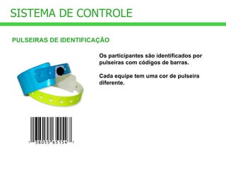 SISTEMA DE CONTROLE PULSEIRAS DE IDENTIFICAÇÃO Os participantes são identificados por pulseiras com códigos de barras.  Cada equipe tem uma cor de pulseira diferente. 