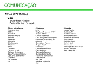 COMUNICAÇÃO MÍDIAS ESPONTâNEAS Bikes  e Ciclismo. Amigos da Bike B2 Bike Bicicletada Bicicletas Antigas Bicicross Bike Brasil Bike Canal Bike Magazine Bike Zone Bikers Clube AB Clube do Ciclista Clube do Cicloturismo Copa America de Ciclismo Conf. Bras. de Ciclismo Down Hill F.P. Ciclismo Etc... - Sites Enviar Press Release Enviar Clipping, pós evento. Natação Águas Abertas Batida de Mão Fundação Nadar Maratona Aquática Maratonas Aquáticas Mundo Áqua Natação Master Swim It Up ! Travessias Federação Aquática de SP ESPN - Natação UOL - Natação Atletismo Ativo Blog Rodolfo Lucena - FSP Câmera Urbana Circuíto das Praias Chip Timing - Cronometragem Confedaração Brasileira de Atletismo Copacabana Runner Corpore Brasil Corredores Corrida de Orientação Corrida de Rua Corridas de Aventura   Corridas de Montanha Federação Internacional FMA Notícias Iron Man Medalhas Esportivas Etc... 
