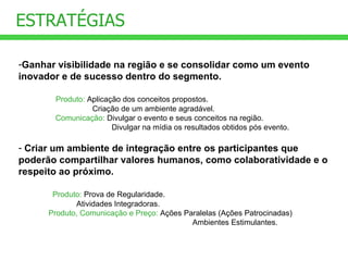 Ganhar visibilidade na região e se consolidar como um evento inovador e de sucesso dentro do segmento.       Produto:  Aplicação dos conceitos propostos.    Criação de um ambiente agradável.       Comunicação:  Divulgar o evento e seus conceitos na região.                            Divulgar na mídia os resultados obtidos pós evento. Criar um ambiente de integração entre os participantes que poderão compartilhar valores humanos, como colaboratividade e o respeito ao próximo. Produto:  Prova de Regularidade.                          Atividades Integradoras. Produto, Comunicação e Preço:  Ações Paralelas (Ações Patrocinadas)  Ambientes Estimulantes. ESTRATÉGIAS 