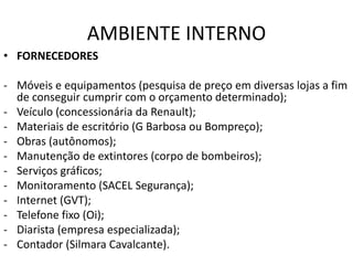AMBIENTE INTERNO
• FORNECEDORES
- Móveis e equipamentos (pesquisa de preço em diversas lojas a fim
de conseguir cumprir com o orçamento determinado);
- Veículo (concessionária da Renault);
- Materiais de escritório (G Barbosa ou Bompreço);
- Obras (autônomos);
- Manutenção de extintores (corpo de bombeiros);
- Serviços gráficos;
- Monitoramento (SACEL Segurança);
- Internet (GVT);
- Telefone fixo (Oi);
- Diarista (empresa especializada);
- Contador (Silmara Cavalcante).
 