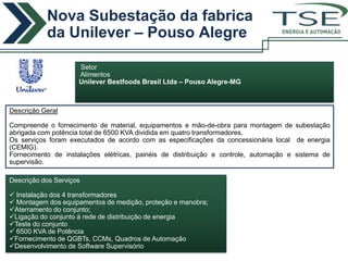 Nova Subestação da fabrica
           da Unilever – Pouso Alegre                                       ENERGIA E AUTOMAÇÃO




                     Setor
                     Alimentos
                     Unilever Bestfoods Brasil Ltda – Pouso Alegre-MG



Descrição Geral

Compreende o fornecimento de material, equipamentos e mão-de-obra para montagem de subestação
abrigada com potência total de 6500 KVA dividida em quatro transformadores.
Os serviços foram executados de acordo com as especificações da concessionária local de energia
(CEMIG).
Fornecimento de instalações elétricas, painéis de distribuição e controle, automação e sistema de
supervisão.

Descrição dos Serviços

 Instalação dos 4 transformadores
 Montagem dos equipamentos de medição, proteção e manobra;
Aterramento do conjunto;
Ligação do conjunto à rede de distribuição de energia
Teste do conjunto
 6500 KVA de Potência
Fornecimento de QGBTs, CCMs, Quadros de Automação
Desenvolvimento de Software Supervisório
 