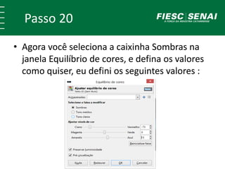 Passo 20
• Agora você seleciona a caixinha Sombras na
janela Equilíbrio de cores, e defina os valores
como quiser, eu defini os seguintes valores :
 