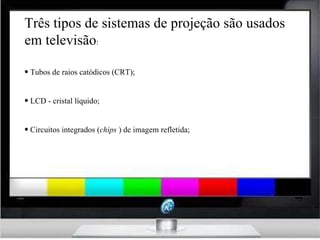 Três tipos de sistemas de projeção são usados em televisão : Tubos de raios catódicos (CRT); LCD - cristal líquido; Circuitos integrados ( chips  ) de imagem refletida; 