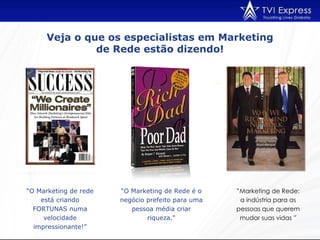 Veja o que os especialistas em Marketing de Rede estão dizendo!  “ O Marketing de rede está criando FORTUNAS numa velocidade impressionante!” “ O Marketing de Rede é o negócio prefeito para uma pessoa média criar riqueza." “ Marketing de Rede: a indústria para as pessoas que querem mudar suas vidas  ” 