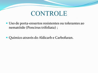 CONTROLE
 Uso de porta-enxertos resistentes ou tolerantes ao

nematóide (Poncirus trifoliata) ;
 Químico através do Aldicarb e Carbofuran.

 