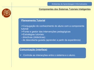 Componentes dos Sistemas Tutoriais Inteligentes Ambientes de Aprendizagem Informatizados   Comunicação (interface) Controla as interacções entre o sistema e o aluno.   Planeamento Tutorial Conjugação do conhecimento do aluno com a componente tutorial Fonte e gestor das intervenções pedagógicas Estratégias tutoriais:    - directivas (didácticas)   - de descoberta guiada (aprender a partir da experiência)  