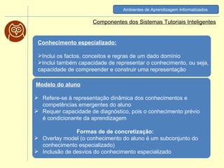 Componentes dos Sistemas Tutoriais Inteligentes Ambientes de Aprendizagem Informatizados   Modelo do aluno Refere-se à representação dinâmica dos conhecimentos e competências emergentes do aluno   Requer capacidade de diagnóstico, pois o conhecimento prévio é condicionante da aprendizagem   Formas de de concretização:    Overlay model (o conhecimento do aluno é um subconjunto do conhecimento especializado)   Inclusão de desvios do conhecimento especializado   Conhecimento especializado: Inclui os factos, conceitos e regras de um dado domínio   Inclui também capacidade de representar o conhecimento, ou seja, capacidade de compreender e construir uma representação   