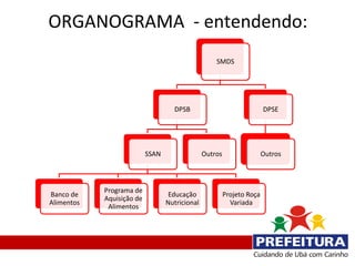 ORGANOGRAMA - entendendo:
                                                    SMDS




                                    DPSB                                DPSE




                           SSAN                 Outros                  Outros



            Programa de
Banco de                           Educação              Projeto Roça
            Aquisição de
Alimentos                         Nutricional              Variada
             Alimentos
 
