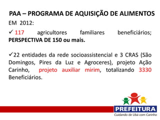 PAA – PROGRAMA DE AQUISIÇÃO DE ALIMENTOS
EM 2012:
 117     agricultores  familiares      beneficiários;
PERSPECTIVA DE 150 ou mais.

22 entidades da rede socioassistencial e 3 CRAS (São
Domingos, Pires da Luz e Agroceres), projeto Ação
Carinho, projeto auxiliar mirim, totalizando 3330
Beneficiários.
 