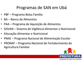Programas de SAN em Ubá
•   PBF – Programa Bolsa Família
•   BA – Banco de Alimentos
•   PAA – Programa de Aquisição de Alimentos
•   SISVAN – Sistema de Vigilância Alimentar e Nutricional
•   Educação Alimentar e Nutricional
•   PNAE – Programa Nacional de Alimentação Escolar
•   PRONAF – Programa Nacional de Fortalecimento da
    Agricultura Familiar
 
