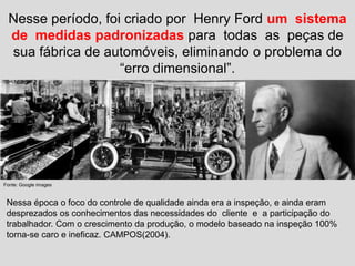 Nesse período, foi criado por Henry Ford um sistema
de medidas padronizadas para todas as peças de
sua fábrica de automóveis, eliminando o problema do
“erro dimensional”.
Nessa época o foco do controle de qualidade ainda era a inspeção, e ainda eram
desprezados os conhecimentos das necessidades do cliente e a participação do
trabalhador. Com o crescimento da produção, o modelo baseado na inspeção 100%
torna-se caro e ineficaz. CAMPOS(2004).
Fonte: Google images
 