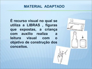 É recurso visual no qual se utiliza a LIBRAS , figuras que expostas, a criança com auxilio realiza  a leitura visual com o objetivo de construção dos conceitos. MATERIAL  ADAPTADO 