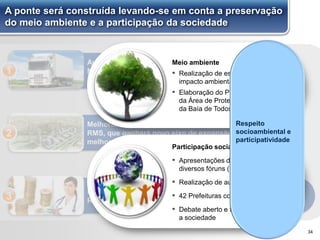 Aumento da eficiência logística na Região
Metropolitana de Salvador, facilitando o fluxo
de mercadorias e serviços
1
Melhoria das condições de vida da população da
RMS, que ganhará novo eixo de expansão urbana e
melhores condições de mobilidade
2
Promoção do desenvolvimento socioeconômico do
Recôncavo Sul e Baixo-Sul3
A ponte será construída levando-se em conta a preservação
do meio ambiente e a participação da sociedade
34
Meio ambiente
▪ Realização de estudos de
impacto ambiental (EIA/RIMA)
▪ Elaboração do Plano de Manejo
da Área de Proteção Ambiental
da Baía de Todos os Santos
Participação social
▪ Apresentações do projeto em
diversos fóruns (14 até Maio)
▪ Realização de audiências públicas
▪ 42 Prefeituras contactadas
▪ Debate aberto e transparente com
a sociedade
Respeito
socioambiental e
participatividade
 
