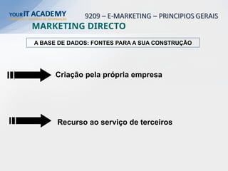 A BASE DE DADOS: FONTES PARA A SUA CONSTRUÇÃO
Criação pela própria empresa
Recurso ao serviço de terceiros
MARKETING DIRECTO
 