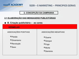 VERMELHO
Paixão
Dinamismo
Revolução
Sexo
2. CONCEPÇÃO DA CAMPANHA
2.1 ELABORAÇÃO DAS MENSAGENS PUBLICITÁRIAS
B. Criação publicitária – as cores
Guerra
Sangue
Fogo
Morte
Demónio
ASSOCIAÇÕES POSITIVAS ASSOCIAÇÕES NEGATIVAS
 