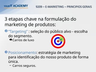 3 etapas chave na formulação do
marketing de produtos:
 “Targeting” : seleção do público alvo - escolha
do segmento.
Carros de luxo
 Posicionamento: estratégia de marketing
para identificação do nosso produto de forma
única.
– Carros seguros.
 
