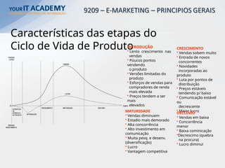 Características das etapas do
Ciclo de Vida de Produto
INTRODUÇÃO
• Lento crescimento nas
vendas
• Poucos pontos
vendendo
o produto
• Versões limitadas do
produto
• Esforços de vendas para
compradores de renda
mais elevada
• Preços tendem a ser
mais
elevados
CRESCIMENTO
• Vendas sobem muito
• Entrada de novos
concorrentes
• Novidades
incorporadas ao
produto
• Luta por pontos de
distribuição
• Preços estáveis
tendendo p/ baixo
• Comunicação estável
ou
decrescente
• Maior lucro
MATURIDADE
• Vendas diminuem
• Estadio mais demorado
• Alta concorrência
• Alto investimento em
comunicação
• Muita pesq. e desenv.
(diversificação)
• Lucro
• Vantagem competitiva
DECLÍNIO
• Vendas em baixa
• Concorrência
menor
• Baixa cominicação
•Decrescimo (quebra
na procura)
• Lucro diminui
VENDAS/
LUCRO
0
ESTRATÉGIA
DE
DESENVOLV.
DE PRODUTO
PERDAS/
INVESTIMENTO
INTRODUÇÃO
CRESCIMENTO MATURIDADE DECLÍNIO
TEMPO
VENDAS
LUCRO
VENDAS/
LUCRO
0
ESTRATÉGIA
DE
DESENVOLV.
DE PRODUTO
PERDAS/
INVESTIMENTO
INTRODUÇÃO
CRESCIMENTO MATURIDADE DECLÍNIO
TEMPO
VENDAS
LUCRO
 