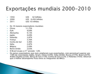    1950:             US$    62 bilhões
   2000:             US$ 6,456 bilhões
   2011:             US$ 16 trilhões

   Os 10 maiores exportadores mundiais:
   China:            11,75%
   EUA:               9,69%
   Alemanha:          9,13%
   Japão:             4,69%
   Holanda:           3,87%
   França:            3,56%
   Coréia do Sul:     3,46%
   Itália:            2,87%
   Bélgica:           2,69%
   Reino Unido:       2,63%
   O Brasil ocupa a 21ª posição: 1,6%.
   Os países exportadores que mais ampliaram suas exportações, com percentual superior aos
    136% de crescimento médio, foram: China (534%); Índia (424%); Rússia (277%); Brasil (267%);
    Arábia Saudita (225%); África do Sul (173%); Coréia do Sul (171%); e Holanda (145%). Observar
    que o melhor desempenho ficou entre os integrantes do BRICS.
 