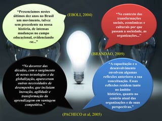 “Presenciamos nestes
                               (EBOLI, 2004)                 “No contexto das
últimos dez anos no Brasil
                                                              transformações
  um movimento, talvez
                                                           sociais, econômicas e
 sem precedente na nossa
                                                             culturais por que
    história, de intensas
                                                          passam a sociedade, as
   mudanças no campo
                                                              organizações...”
educacional, evidenciando
            -se...”


                                            (BRANDÃO, 2009)

                                                         “A capacitação e o
     “No decorrer das
                                                          desenvolvimento
décadas, com o surgimento
                                                         envolvem algumas
 de novas tecnologias e da
                                                     reflexões anteriores a sua
 globalização, apareceram
                                                        conceituação. Essas
  outras necessidades de
                                                      reflexões residem tanto
desempenho, que incluíam
                                                             no âmbito
   inovação, agilidade e
                                                        histórico, quanto no
     transformação da
                                                          cenário atual das
aprendizagem em vantagem
                                                      organizações e de suas
        competitiva.”
                                                           perspectivas.”

                             (PACHECO et al, 2005)
 