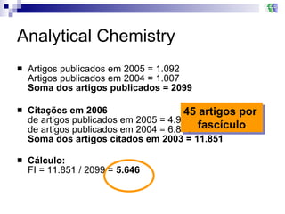 Analytical Chemistry Artigos publicados em 2005 = 1.092   Artigos publicados em 2004 = 1.007   Soma dos artigos publicados = 2099   Citações em 2006   de artigos publicados em 2005 = 4.980  de artigos publicados em 2004 = 6.871  Soma dos artigos citados em 2003 = 11.851 Cálculo: FI = 11.851 / 2099 =  5.646  45 artigos por  fascículo 