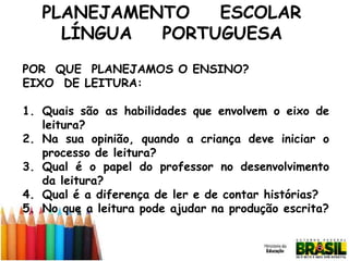 PLANEJAMENTO
ESCOLAR
LÍNGUA
PORTUGUESA
POR QUE PLANEJAMOS O ENSINO?
EIXO DE LEITURA:
1. Quais são as habilidades que envolvem o eixo de
leitura?
2. Na sua opinião, quando a criança deve iniciar o
processo de leitura?
3. Qual é o papel do professor no desenvolvimento
da leitura?
4. Qual é a diferença de ler e de contar histórias?
5. No que a leitura pode ajudar na produção escrita?

 