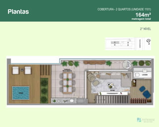 Plantas
COBERTURA - 2 QUARTOS (UNIDADE 1101)
164m²
2° NÍVEL
metragem total
 