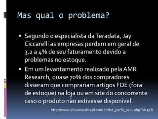 Mas qual o problema?Segundo o especialista da Teradata, JayCiccarelli as empresas perdem em geral de 3,2 a 4% de seu faturamento devido a problemas no estoque. Em um levantamento realizado pela AMR Research, quase 70% dos compradores disseram que comprariam artigos FDE (fora de estoque) na loja ou em site do concorrente caso o produto não estivesse disponível.http://www.ebusinessbrasil.com.br/txt_perfil_pain.php?id=528