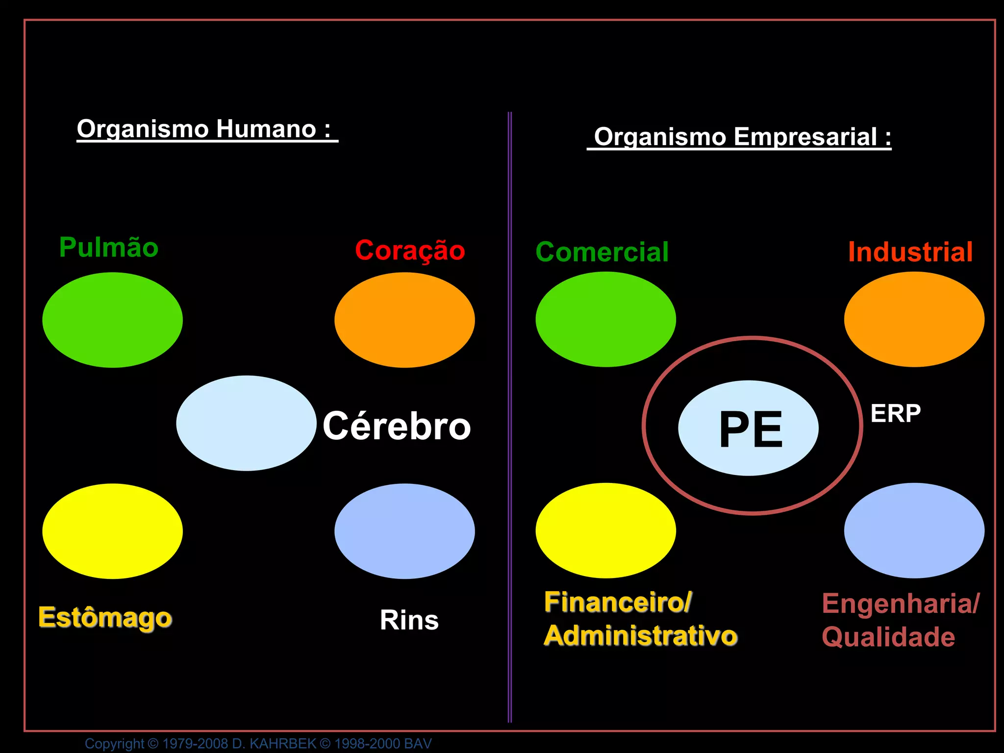Organismo Humano :                                    Organismo Empresarial :



 Pulmão                                Coração       Comercial             Industrial




                                                                             ERP
                                  Cérebro                        PE


                                                     Financeiro/         Engenharia/
Estômago                                  Rins
                                                     Administrativo      Qualidade


  Copyright © 1979-2008 D. KAHRBEK © 1998-2000 BAV
 