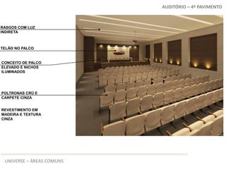 AUDITÓRIO – 4º PAVIMENTO



RASGOS COM LUZ
INDIRETA



TELÃO NO PALCO


CONCEITO DE PALCO
ELEVADO E NICHOS
ILUMINADOS




POLTRONAS CRÚ E
CARPETE CINZA


REVESTIMENTO EM
MADEIRA E TEXTURA
CINZA




 UNIVERSE – ÁREAS COMUNS
 